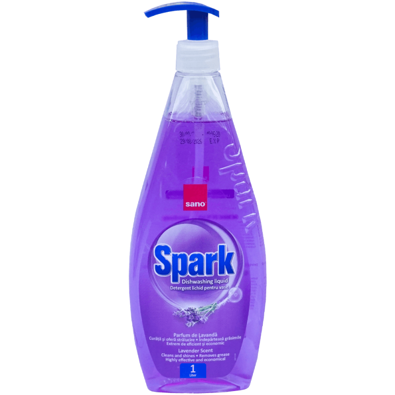 Detergent lichid pentru vase Sano Spark lavandă, 1 litru, cu pompiță